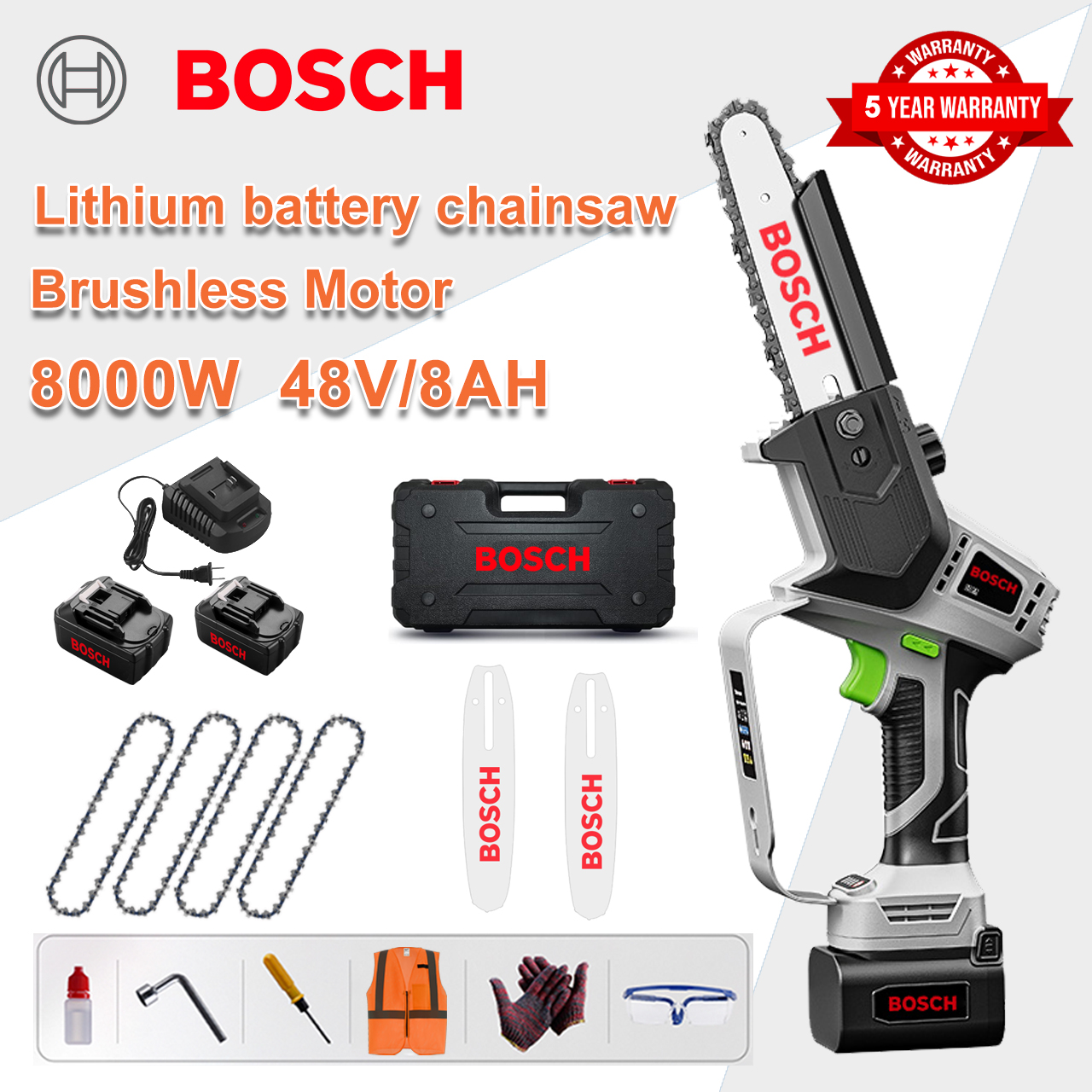 [Model normal/5 ani garanție] Ferăstrău electric cu litiu de 8 inchi 8000 W, baterie 48 V*2, încărcător, placă de ghidare*2, lanț*4, cutie de scule, lubrifiant, ochelari de siguranță