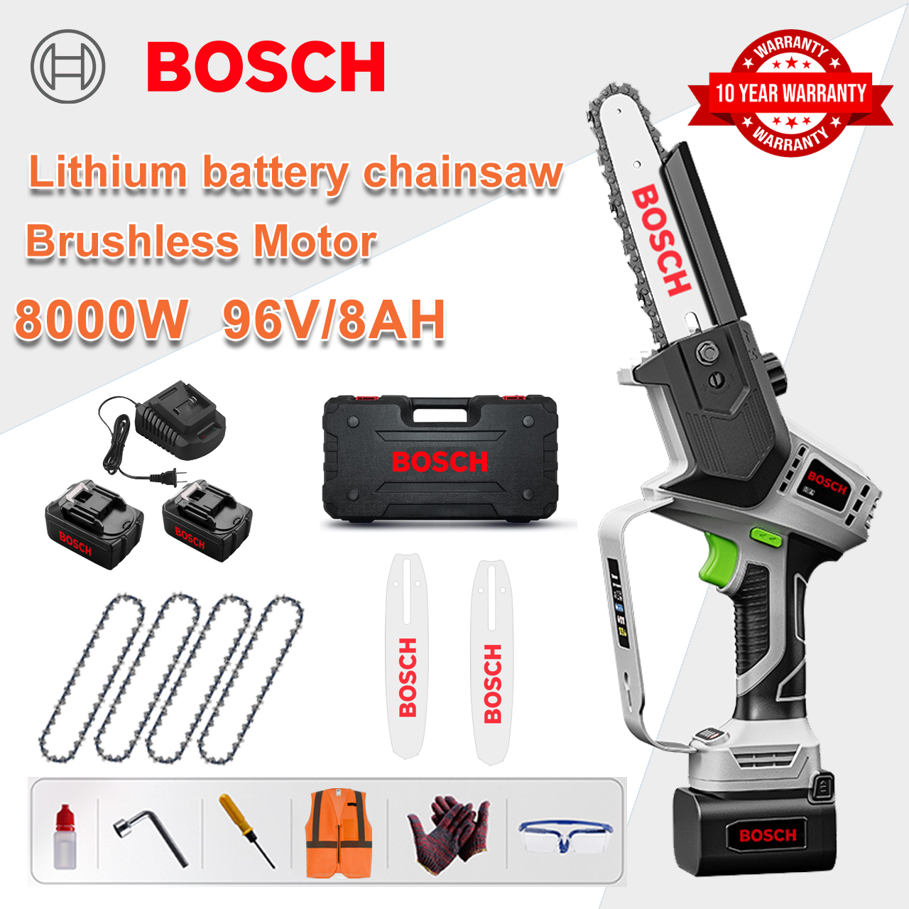 [Versiune extinsă/10 ani garanție] Ferăstrău electric cu litiu de 10 inchi 10000 W, baterie 72 V*2, încărcător, foaie de ghidare*2, lanț*4, cutie de scule, lubrifiant și ochelari de protecție, motor puternic pentru tăierea eficientă a pietrei