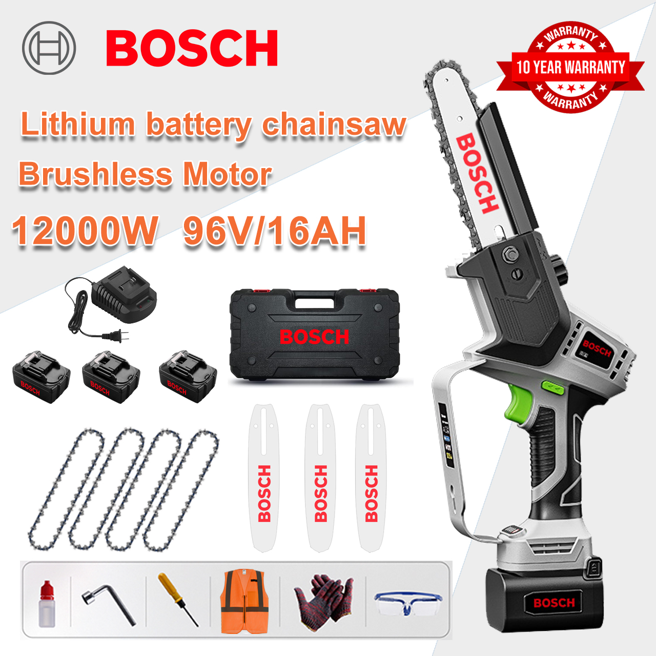 [Model extins/garanție 10 ani] ferăstrău electric cu litiu de 10 inch 12000 W, baterie de 96 V*3, încărcător, placă de ghidare*3, lanț*4, cutie de scule, unsoare și ochelari, motor puternic de tăiat pietre